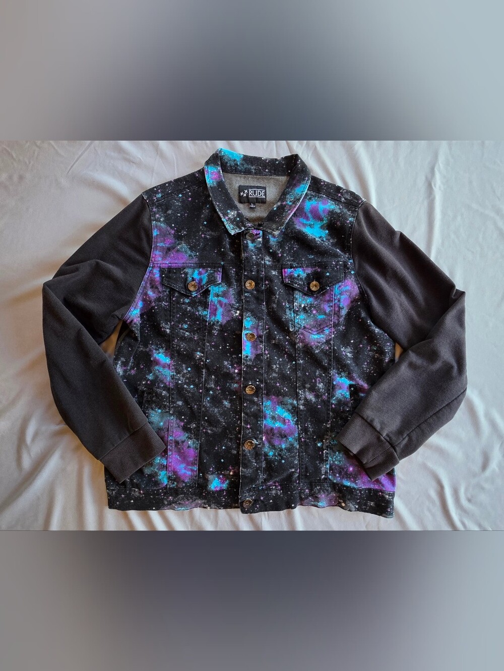 RUDE Black Galaxy Print Jacket with Purple & Blue Accents L